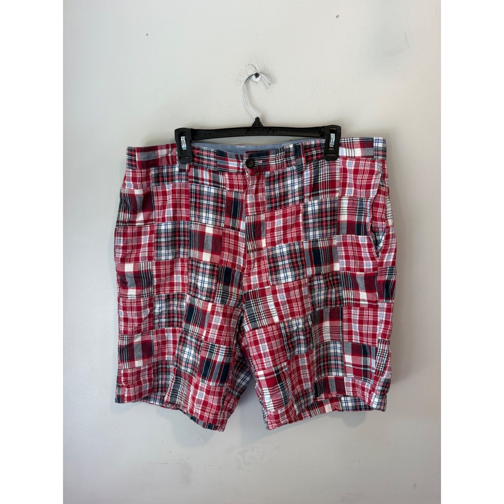 Chaps Mens Red White Navy Blue Patchwork Plaid Cotton Shorts Size 36